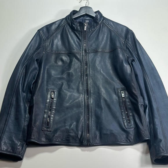 Massimo Dutti Genuine Leather Jacket Men’s L Navy Blue Euro Tailored Classic - Picture 2 of 16